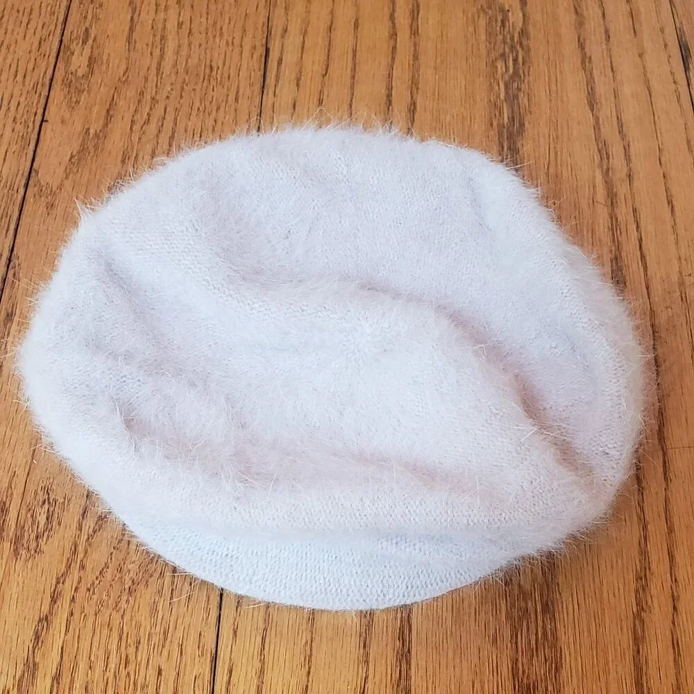 H&M Divided Beige Pink Furry Beret Hat One Size Angora Wool Blend